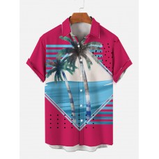 Summer Geometric Water Ripple Element and Coconut Tree Printing Men's Short Sleeve Shirt