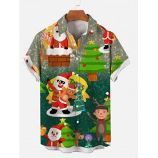 Summer Christmas Santa Claus and Elk, Christmas Tree Printing Men's Short Sleeve Shirt