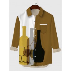 White & BrownGreen Stitching Art Bottles Printing Breast Pocket Men's Long Sleeve Shirt