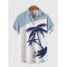 Blue & White Stitching Seaside Coconut Tree Printing Men's Short Sleeve Shirt