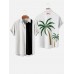 1960s White and Black Stripe Coconut Tree Printing Men's Short Sleeve Shirt
