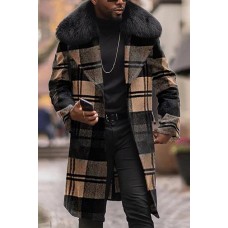 Men's Fashion Plaid Button Lapel Slim-Fit Mid-Length Trench Coat