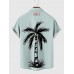 1960s LightCyan and MediumPurple Stripe Coconut Tree Printing Men's Short Sleeve Shirt
