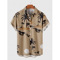 Brown Coconut Tree Print Summer Casual Men's Short Sleeve Shirt