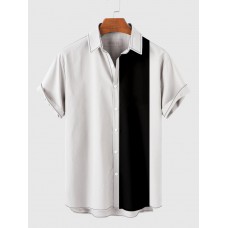 1960s White and Black Stripe Coconut Tree Printing Men's Short Sleeve Shirt