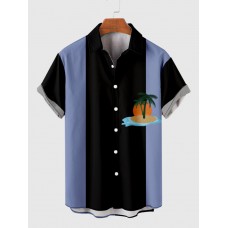 Beach and Coconut Tree Printing Black and ShadeBlue Stitching Men's Short Sleeve Shirt